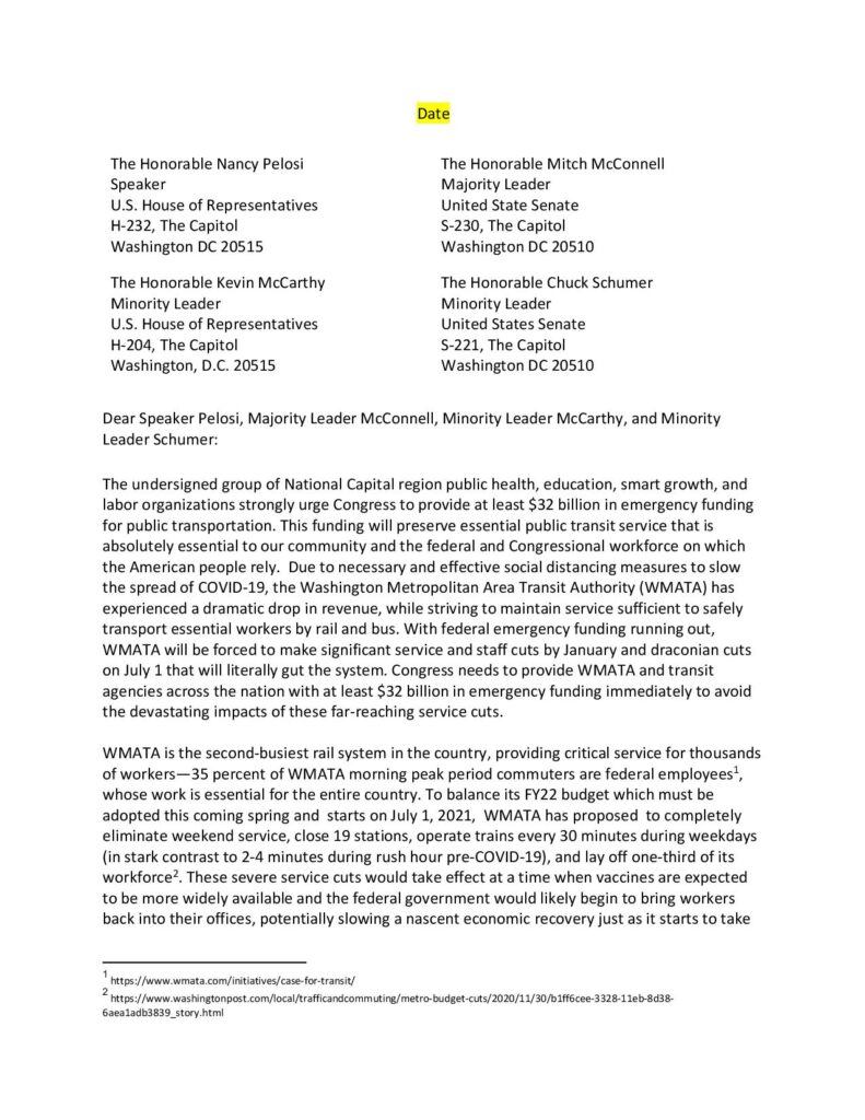Sign-on Letter to Save WMATA