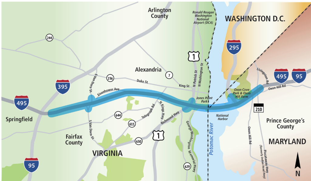 Image by VDOT. map of 495 southside study area in VA and MD.
