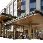 rendering of entrance of new library, community center and housing at Chevy Chase DC civic core